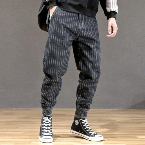 2021 New Fashion Streetwear Black Color White Stripe Designer Loose Harem Pants Slack Bottom Spliced Hip Hop Joggers Jeans Men