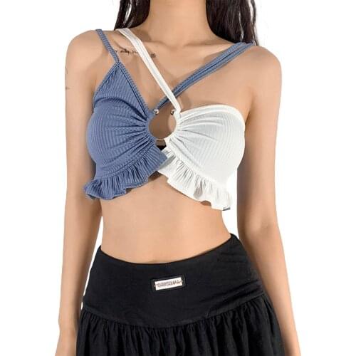 Sexy Womens Summer Rib Knit Camisole Sleeveless Spaghetti Strap Color Block Ruffle Trim Crop Cami Tops