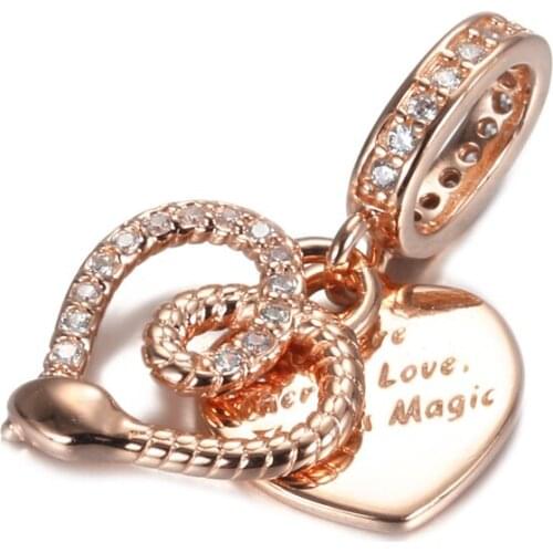 Authentic S925 Silver Pendant Bead Two Hearts Love Magic Dangle Charm fit Lady Bracelet Bangle DIY Jewelry