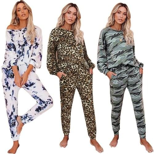 Casual Tie-dye Home Pajamas Two-piece Round Neck Long Sleeve Home Service Suit-5