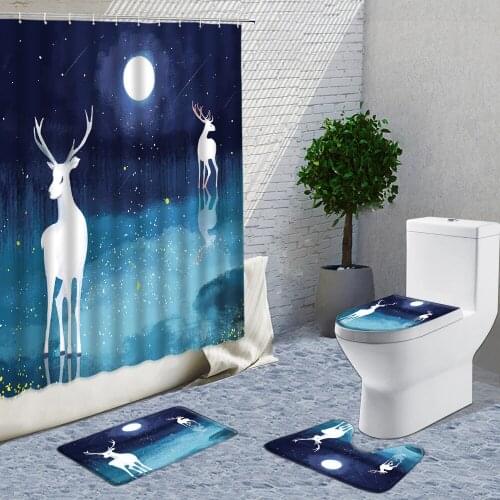 Hand Drawn European Starry Deer Shower Curtain Sets Forest Landscape Under The Moon Bath Mat Bathroom Curtains Toilet Carpet Rug