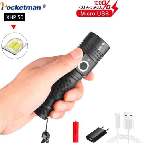 Ultra Powerful LED Flashlight USB Rechargeable Zoomable Torch XHP50 XHP70 Hand Lamp 26650 18650 Battery Flash Light
