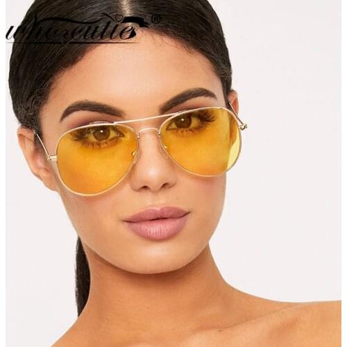 WHO CUTIE 2019 Night Vision Goggles Aviation Sunglasses Women Brand Design Gold Metal Frame Female Sun Glasses Yellow Lens OM874