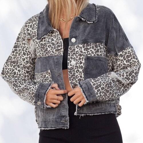 Patchwork Jacket 2021 Women Leopard Denim Coat Vintage Jacket Korean Version Leopard Stitched Corduroy Denim Coat Women Clothing