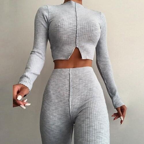 Knitted 2021 New Rib Tracksuit Women Sexy Two Piece Set Jogging Femme Casual O Neck Slit Crop Top + Flare Pants Outfits Clubwear
