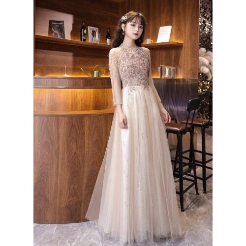 Woman Exquisite Sequins Bling Beading Evening Dress Long Sleeve A-Line Floor-Length Tulle Party Formal Gown
