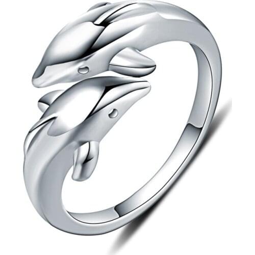 Cute Female Double Dolphin Animal Ring Fashion 925 Sterling Silver Adjustable Rings For Women Funny Love Wedding Engagement Ring