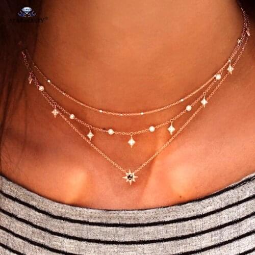 Starbeauty Charm Shining Star Gem Sun Multilayer Necklace Women Choker Pendant Necklaces Gold Color Long Necklace Chain Jewelry
