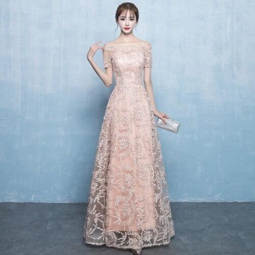 2020 New Simple Lace Evening Dress Champagne short sleeve Floor-length Long Formal Party Gowns off the shoulder