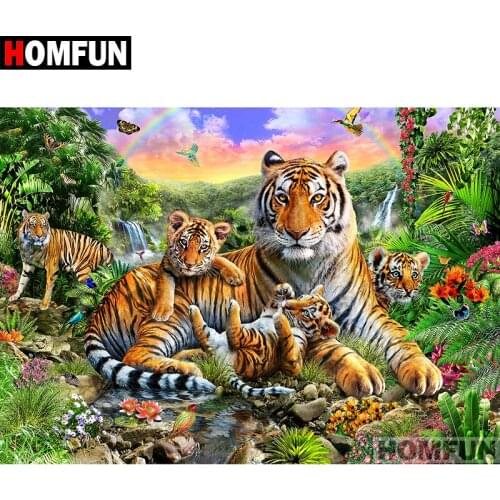 HOMFUN 5D DIY Diamond Painting "Tiger Family" Full Drill Resin Diamond Embroidery Cross Stitch Home Decor A07173