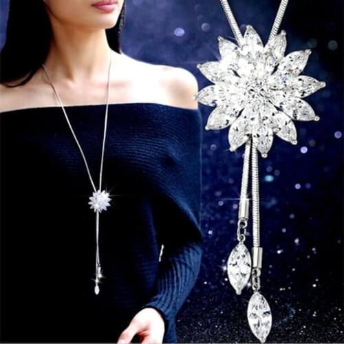 White Crystal Sunflower Tassel Long Necklace 2017 Women Fashion Jewelry Classic Sweater Necklaces & Pendants Bijoux Gift