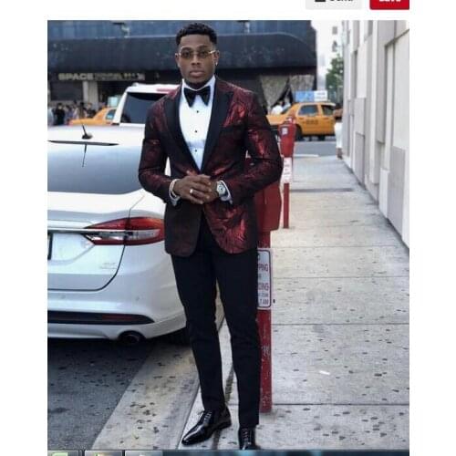 Burgundy Tucedos Black Lapel Men Suits Slim Fit Groomsmen Wedding Suit Best men Marriage Groom Tuxedo 3 Piece(Jacket+Pant)