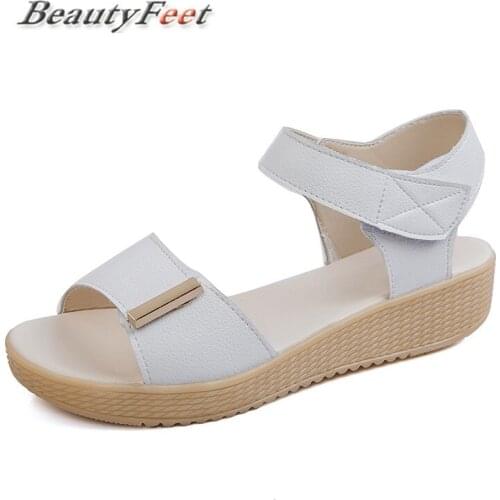 BeautyFeet Summer Shoes Women Sandals Platform Heel Leather Hook Loop Metal Soft Comfortable Wedge Shoes Ladies Casual Sandals