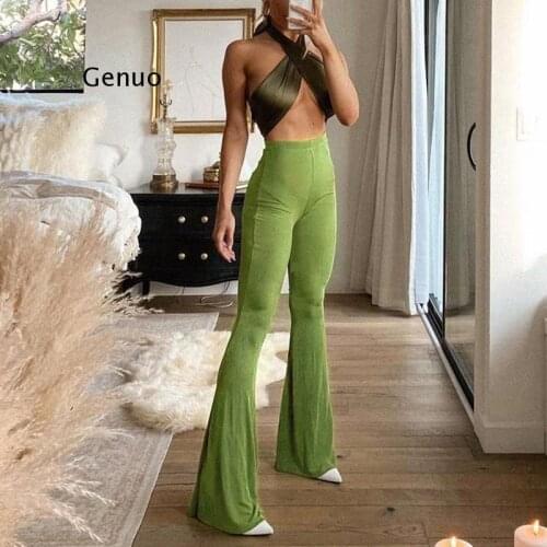 Green Wide Leg Pants Casual Women High Waist Loose Design Autumn Winter Knit Trouser Fashion Sexy Flare Pants