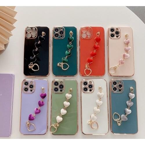 6D Fine Hole Plating Velvet Love Heart Chain Phone Case For iPhone 12 Pro Max XSMAX 11 Pro Max XR XS 7 8 PluIs SE Silicone Shell