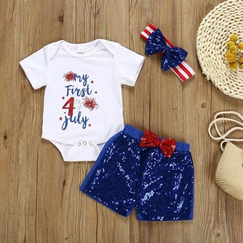 2020 childrens clothing independence day new baby girl baby romper + sequined shorts and hairband three-piece girl suit