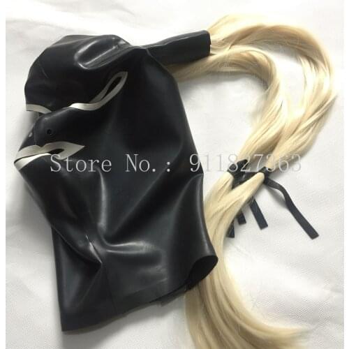 Latex Mask Rubber Unisex Hood with Wig Rubber Fetish Mask Two Braid Wigs Latex Headgear Sexy Cosplay Accessaries
