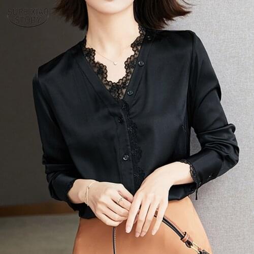 Long-sleeved Solid Loose Shirt Women Commuter Black V-neck Chiffon Women Blouse All-match Lace Blouses Overalls Women Tops 16203