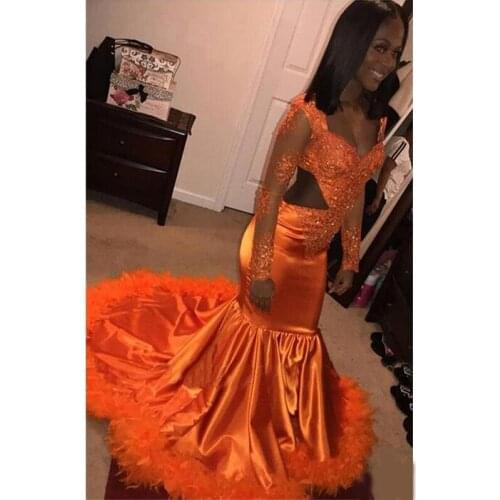Orange Black Girl Mermaid Prom Dresses 2020 New Long Sleeve Applique Beading Open Back Feather Formal Evening Dress Party Gowns