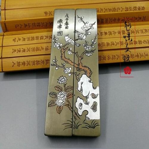 A pair of China Collection Copper bird Plum statue Decoration paperweight