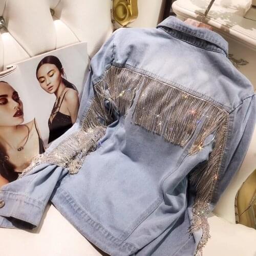 New Fashion Women Heavy Diamond Tassel Chain Bling Jeans Coat High Street Girls Water Drill Shiny Loose Denim Jacket Outwear