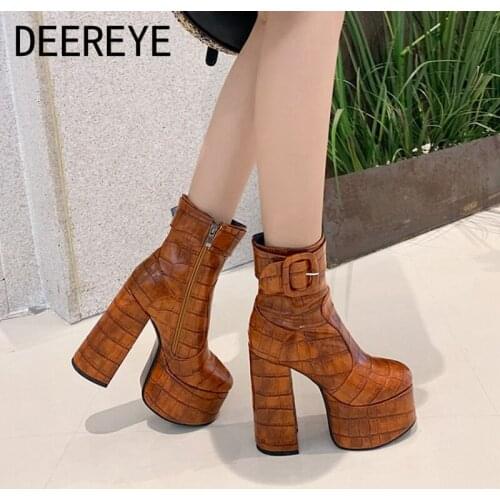 Women Chunky High Heel Ankle Boot Heel Platform Emboss Pu Female Zipper Buckle Ladies Square Toe Party Nightclub Shoes Winter