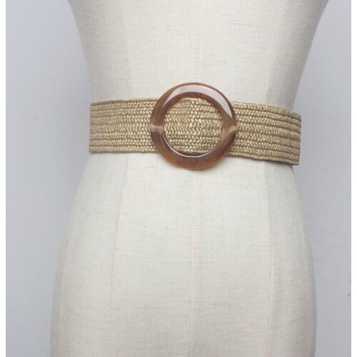 Designer High Quality New Style Woven Resin Round Buckle Non-porous Adjustable Strap Skirt straw Elastic women Belt Leisure