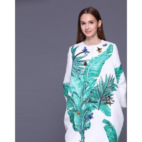 High Quality Newest Nice Fall Winter Runway Designer Trench Womens Banana Leaves Print Jacquard Crystal Beading Trench Coat