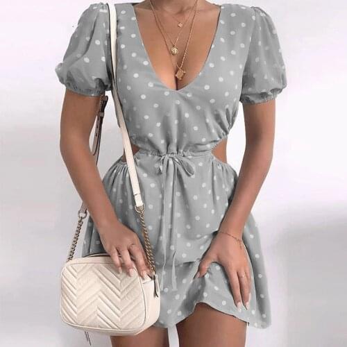 Y2k Sexy Dot Print Dress Women V Neck Short Sleeve Hollow Ladies Lace Up Vestidos Summer 2021 Elegant Slim Waist Female Dresses