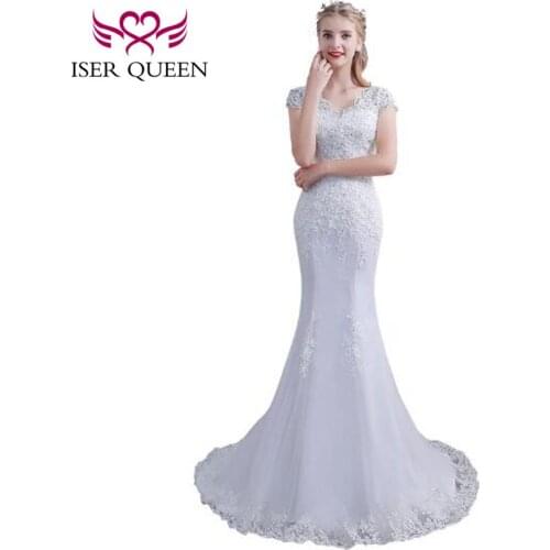 Short Sleeves Simple Elegant Appliques Mermaid Wedding Dresses White Ivory Color V neck Lace Up plus Size Wedding Dress WD8001