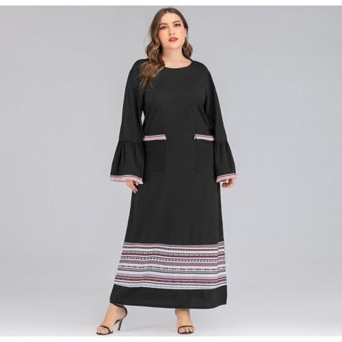 DOIB Black Large Size Dress Women Pocket Flare Sleeve Coloring Long Plus Size Arabian Bohemia Autumn Loose Casual Dress 4XL