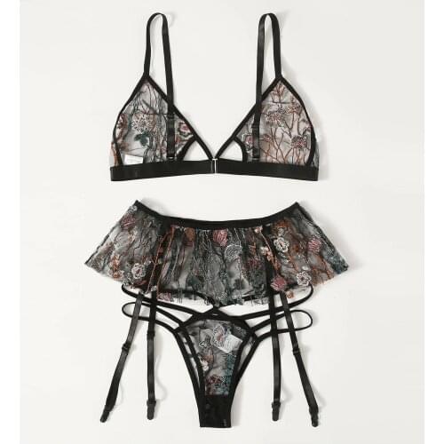 3Pcs Mesh Perspective Sexy Lingerie Women Embroidery Floral Underwear Women Set Cut Out Bra Garter Belt Lingerie Set Hot Erotic