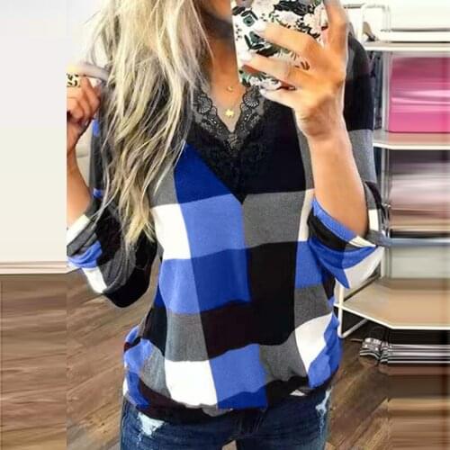 40#Womens Blouses Lace Plaid Printed V-neck Sexy Self Cultivation Socket Check Tops Elegant Spring Harajuku Plus Size Shirts