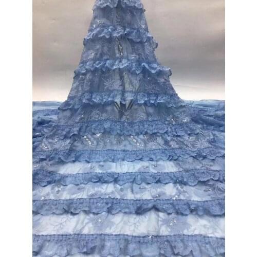 5yards/pc) high quality tiered African French net lace fabric in skyblue with delicate embroidery and sequins for party FZZ998
