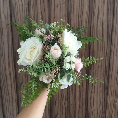 SESTHFAR Pink Silk Rose Artificial Wedding Flowers Boho Eucalyptus Bridal bouquet de fleurs artificielles flowergirl Bouquets