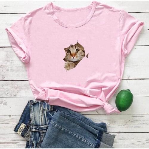 Cat Hiding In Clothes Print Graphic T-shirt Women Funny Cotton Woman Tshirt Gothic Casual Loose Shrot Sleeve Camiseta Mujer