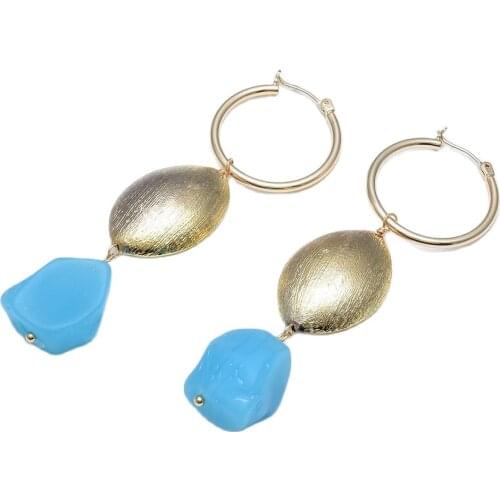 GG Jewelry Natural Blue Glass Quartz Dangle Gold Color Plated Circle Hook Earrings Handmade For Women