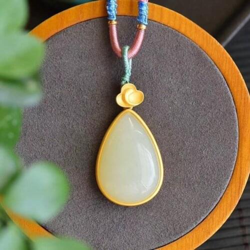 Natural Hetian Jade Drop Pendant Female Autumn and Winter Jade Sweater Chain Female High-End Elegant Retro Ethnic Style Necklace