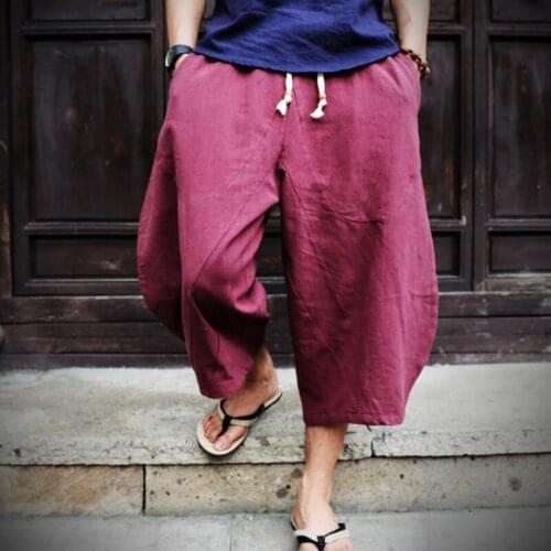 Cotton Linen Wild Leg Pants Summer Baggy Male Pants Trousers Casual Loose Calf-Length Pants Man Bloomers japanese streetwear men