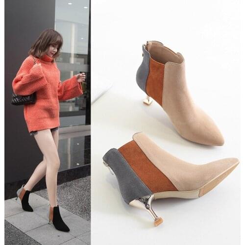 Famous brand luxury metal heel ankle booties women patchwork autumn winter new women boots fashion thin heel kid suede shoes