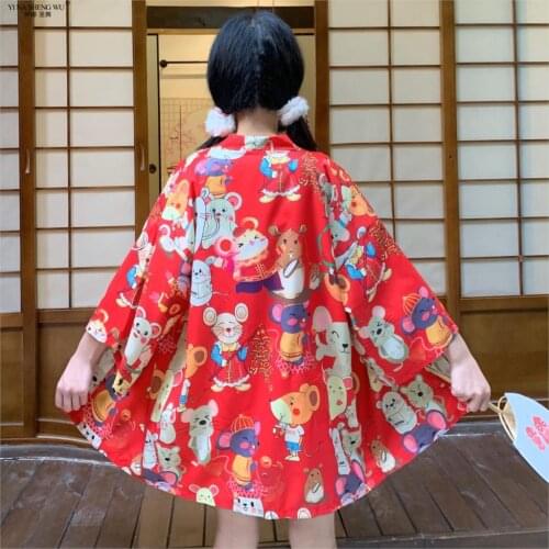 2020 New Year of the Rat Haori Japanese Rat Print Kimono Women Kwaii Cardigan Samurai Asian Costume Beach Kimonos Jacket Yukata