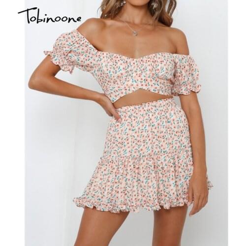 Tobinoone Slash Neck Lantern Sleeve Two Piece Set Women Short Puff Sleeve Corest Top And Mini Skirt Suits Beach Wear 2 Piece Set