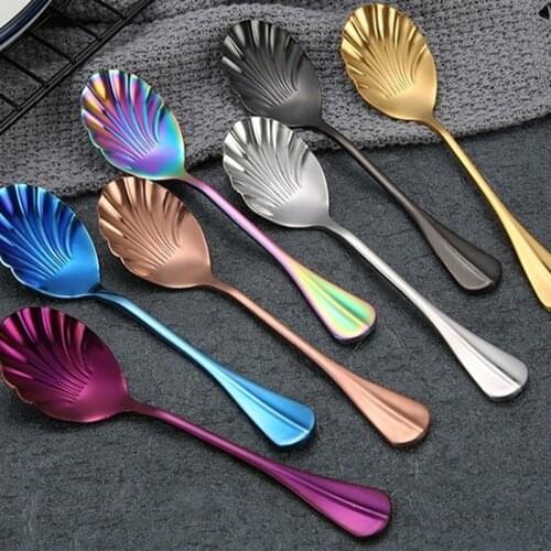 Shell Shape Stainless Steel Spoon With Long Handle Restaurant Dessert Spoon Ice Cream Scoops Kitchen Accessories