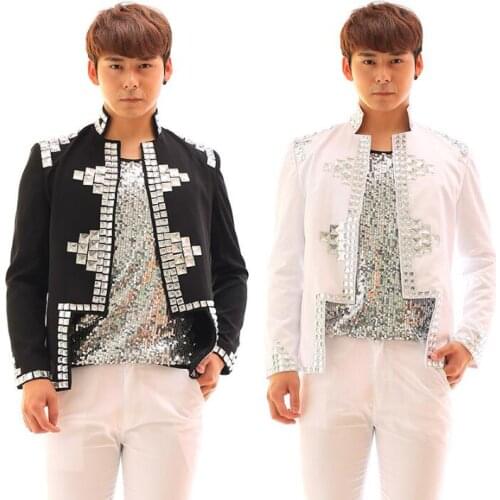 Fashion slim blazer men latest coat designs suit men suits for mens jacket singer dance stage black white acrylic rock novelty