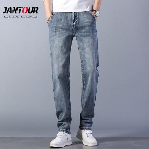Brand Men Clothing Spring New Mens Slim Jeans Fashion Solid Color Classic Style Denim Trousers Stretch Light Blue Pants Homens