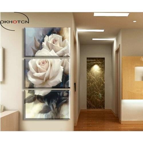 OKHOTCN Luxury Rose Flower Modular Canvas Painting On Canvas 3 Piece Wall Art Painting Living Room Home Decoration