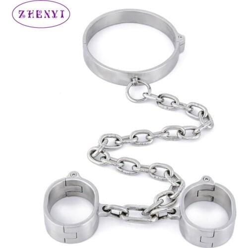 304 Stainless Steel Neck Collar Handcuffs With Chain Hand Cuffs Choker Fetish Restraints Bondage BDSM Sex Toys For Couples