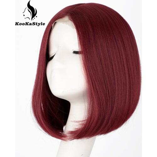 Kooka Short Red Bob Wig Internal Button Chemical Fiber Wig For Women Shoulder Length Colored Cosplay Short Straight Wig