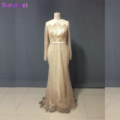 Luxurious Beaded Crystals Prom Dresses High Quality Tulle with Long Sleeves Mermaid Prom Gown
