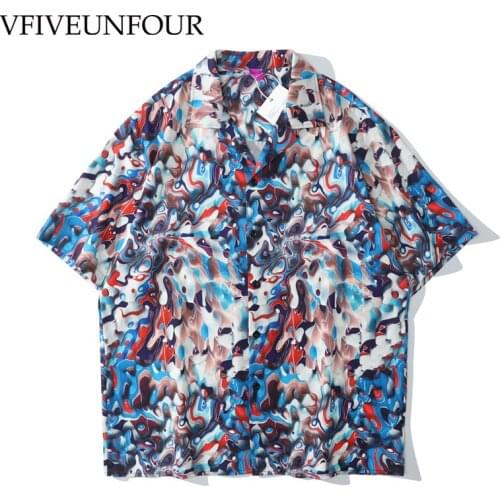 VFIVE UNFOUR Colorful Geometric Print Hawaiian Beach Aloha Shirts Casual Short Sleeve Button Camp Aloha Shirt Men Vintage Tops